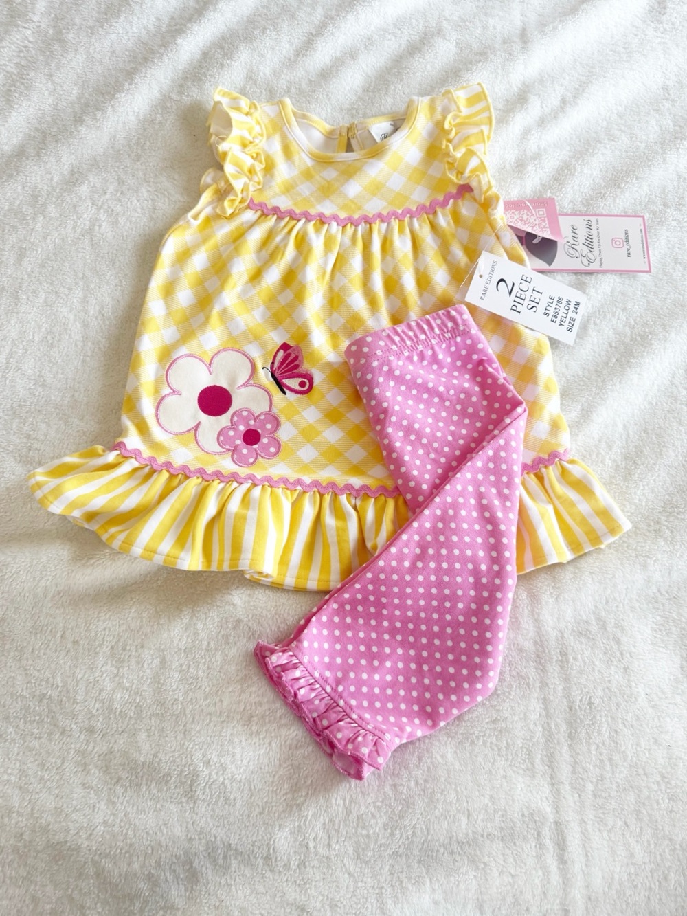 Rare Editions Girls 2 Piece Set Yellow Gingham Top Pink Polka Dot Leggings NWT